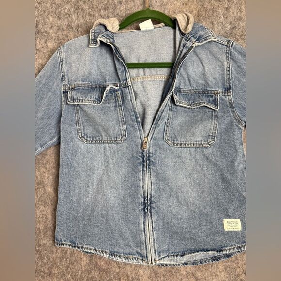 Zara Jacket Women's 9 Blue Denim Medium Wash Cotton Hooded Flap Pockets Full Zip - Picture 1 of 7